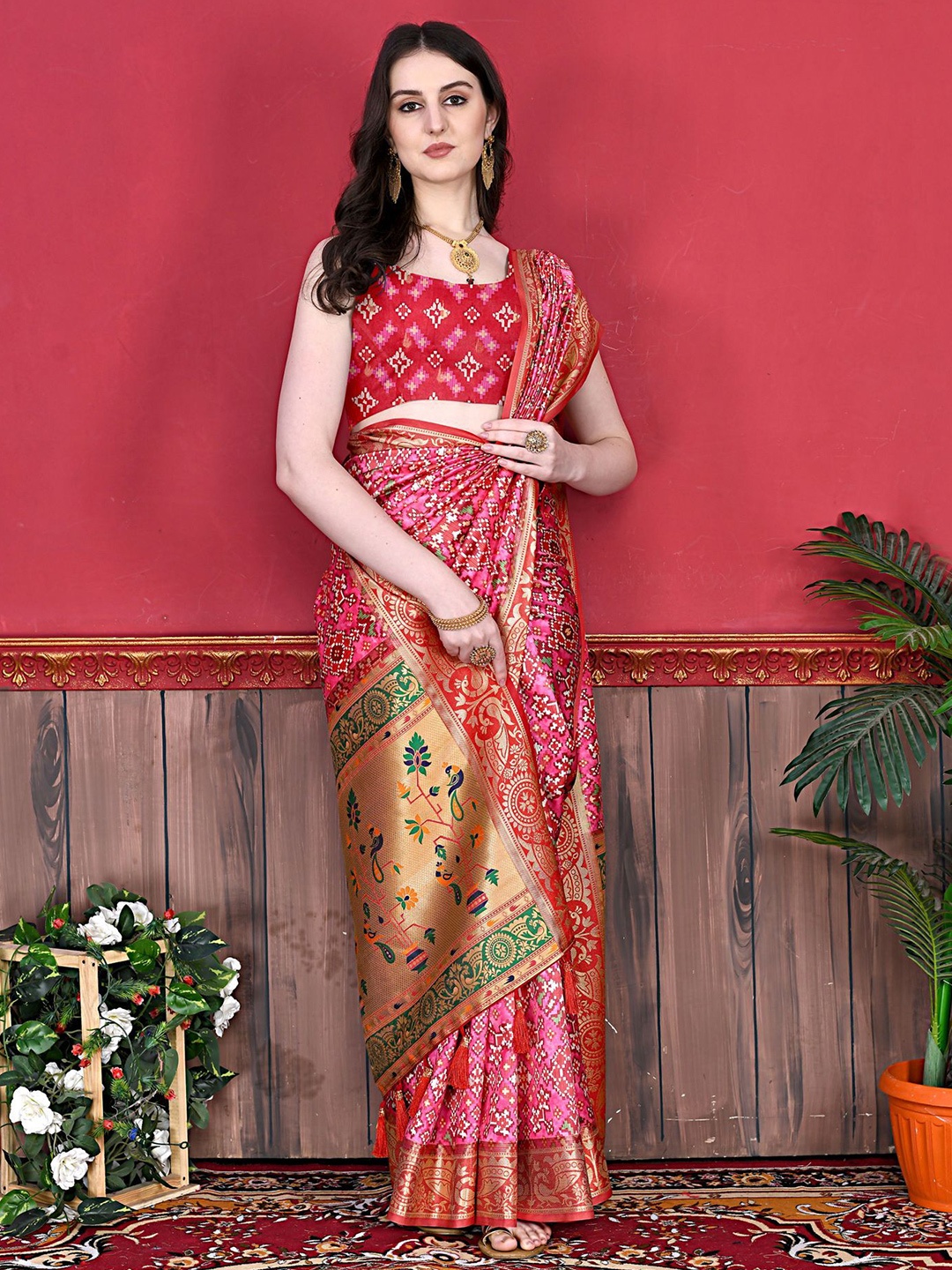 

KALINI Ethnic Motifs Zari Pure Silk Patola Saree, Pink