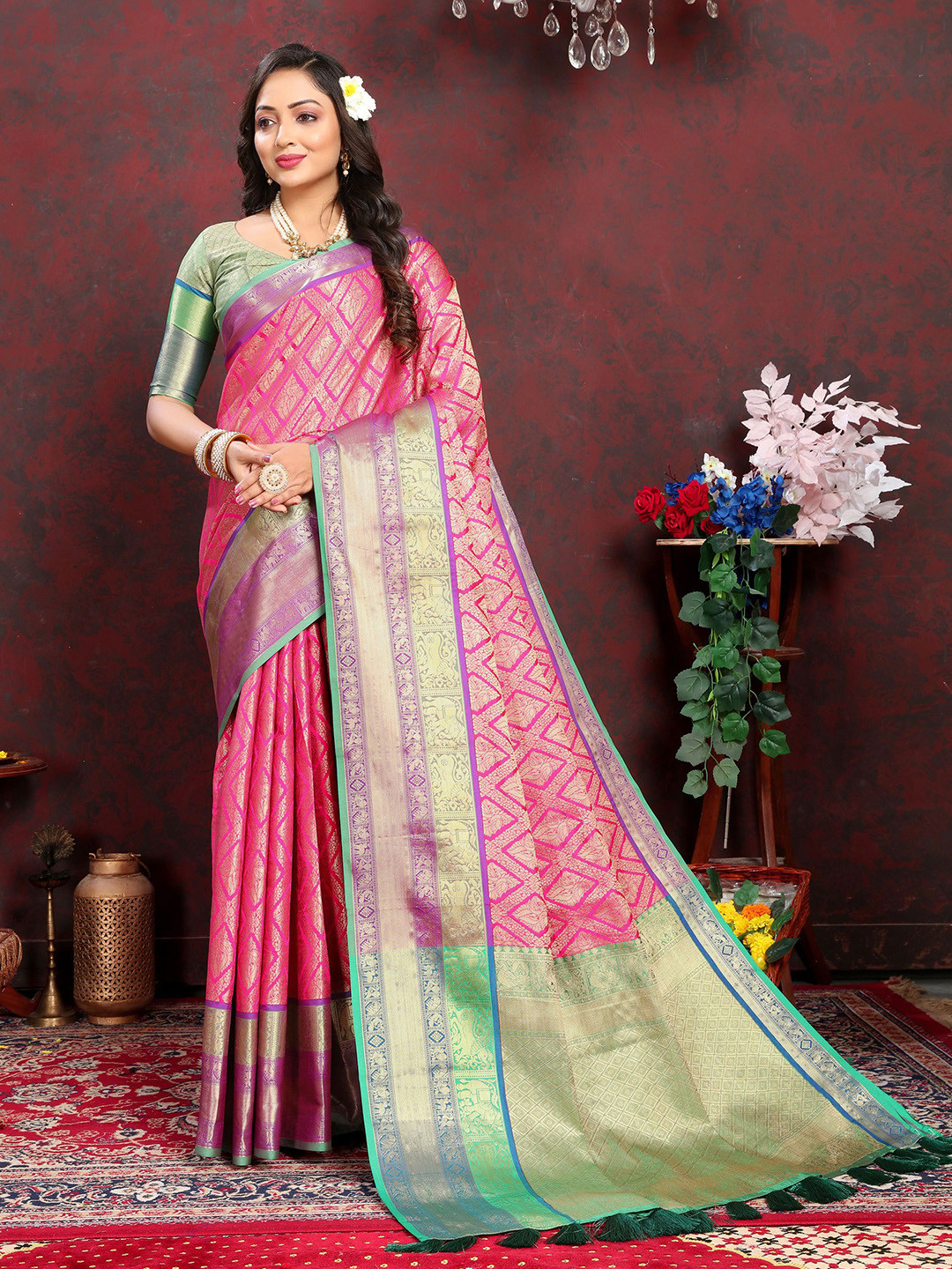 

KALINI Ethnic Motifs Zari Banarasi Saree, Pink