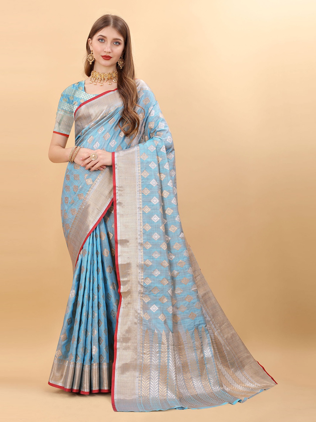 

KALINI Ethnic Motifs Zari Pure Silk Banarasi Saree, Blue