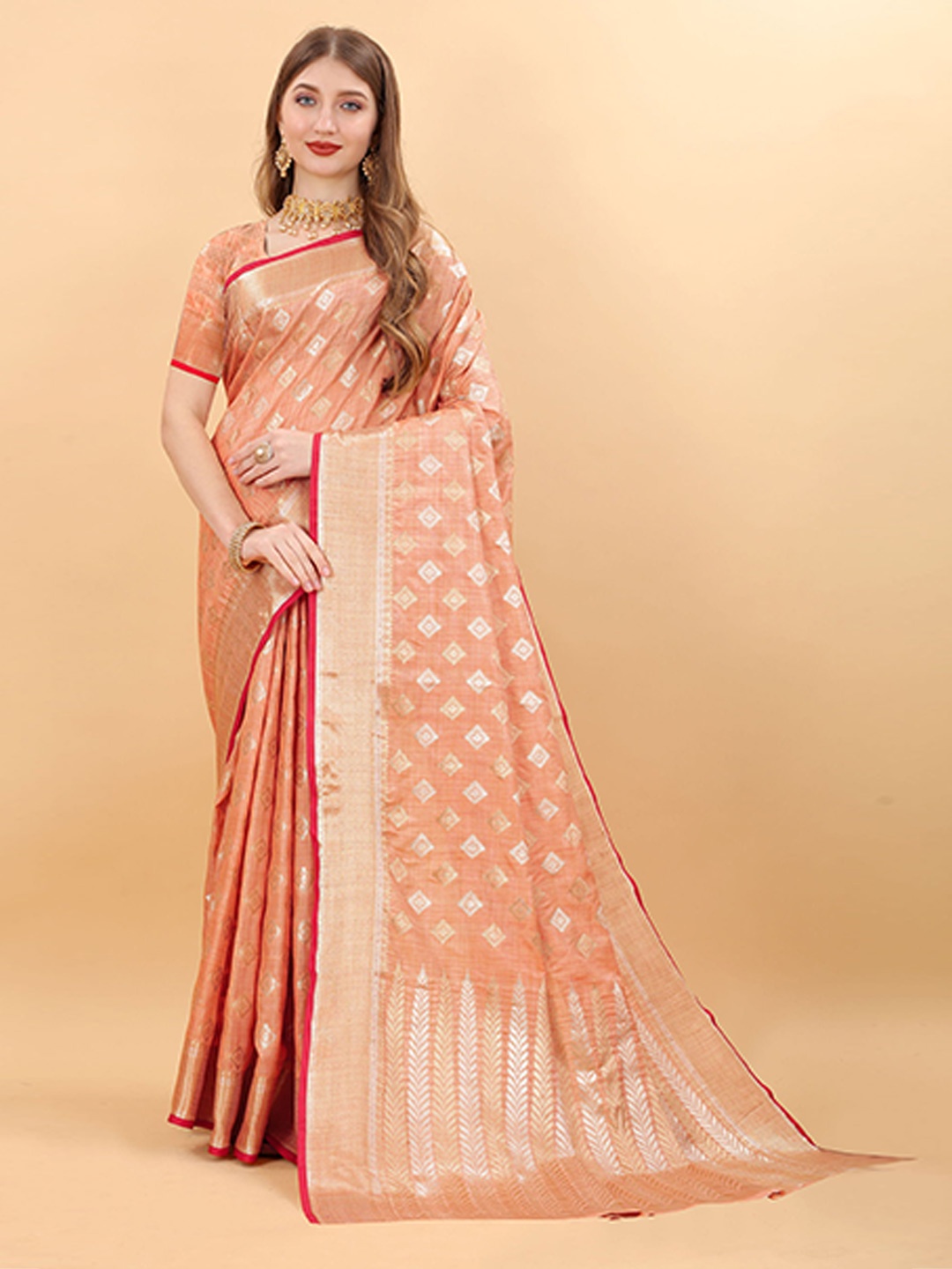

KALINI Ethnic Motifs Zari Pure Silk Banarasi Saree, Peach