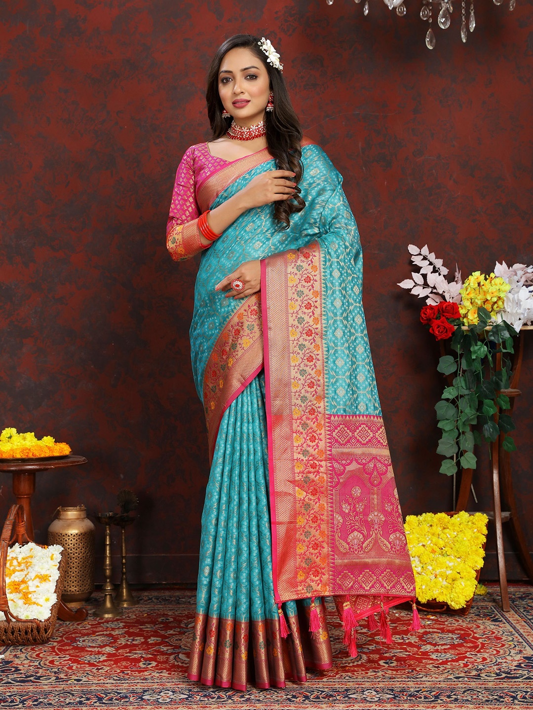 

KALINI Ethnic Motifs Zari Organza Banarasi Saree, Blue