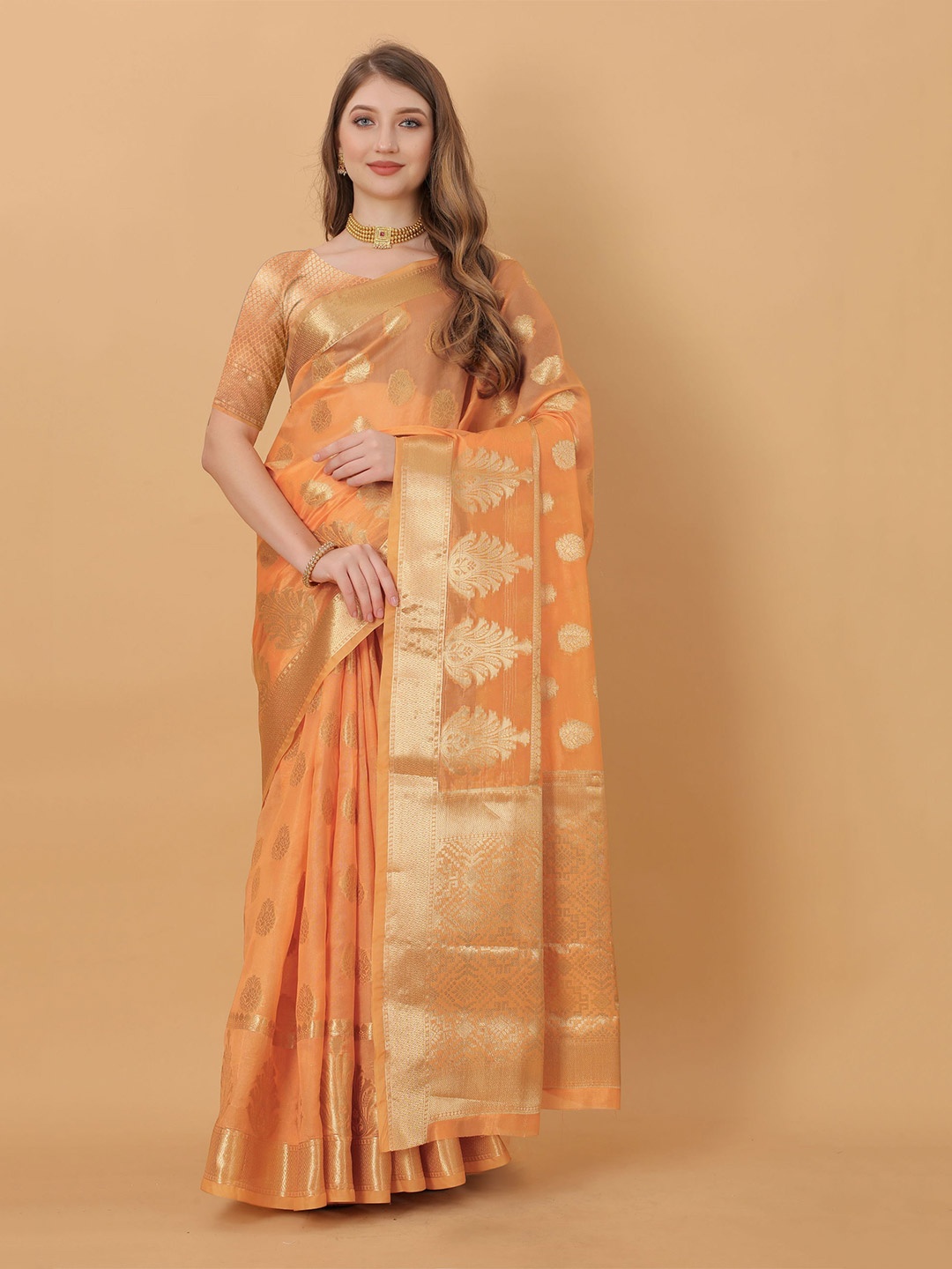 

KALINI Ethnic Motifs Zari Organza Jamdani Saree, Orange