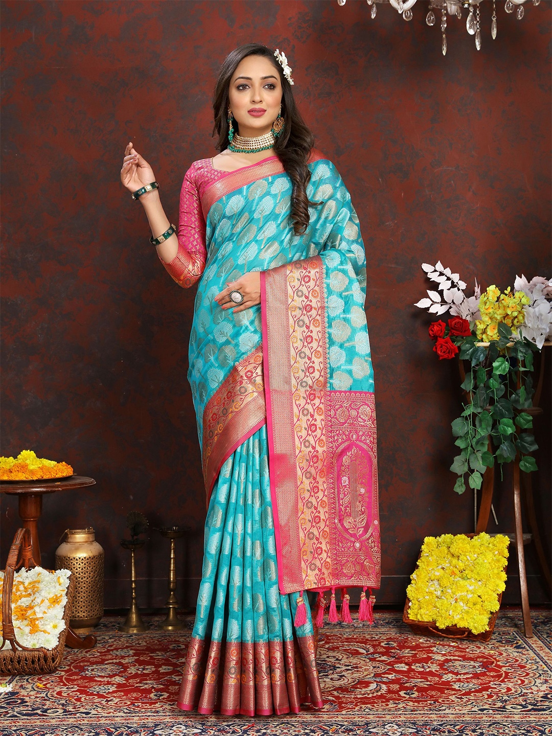 

KALINI Ethnic Motifs Zari Organza Banarasi Saree, Blue