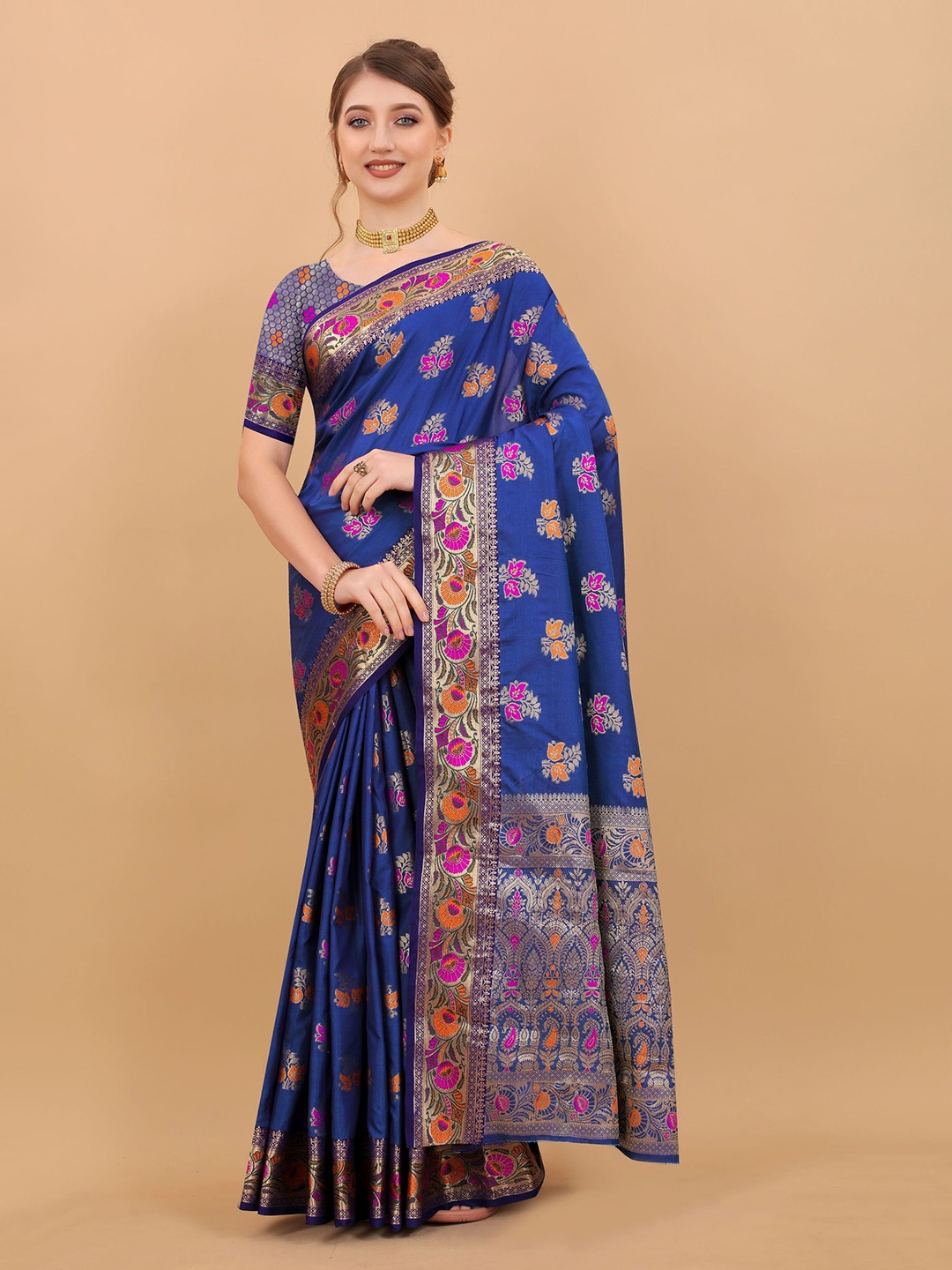 

KALINI Ethnic Motifs Zari Pure Silk Banarasi Saree, Navy blue