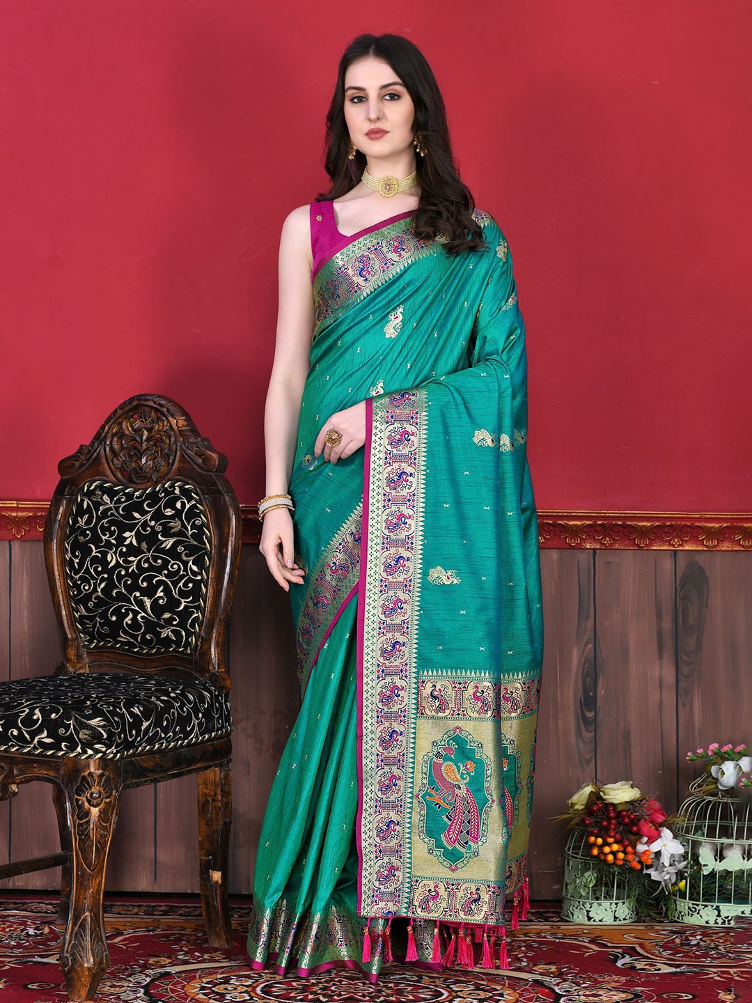 

KALINI Ethnic Motifs Zari Pure Silk Paithani Saree, Turquoise blue