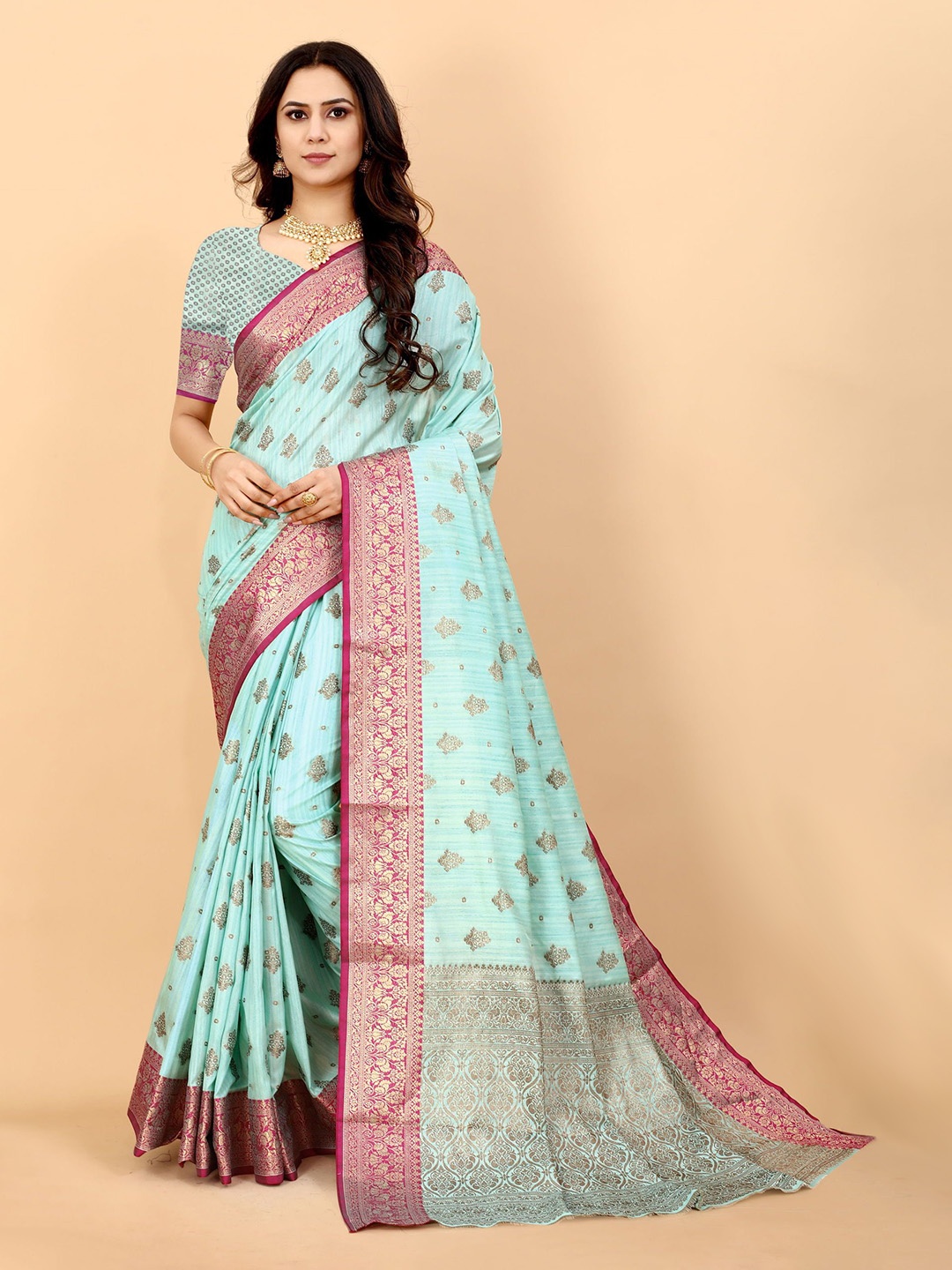 

KALINI Ethnic Motifs Zari Pure Silk Banarasi Saree, Blue