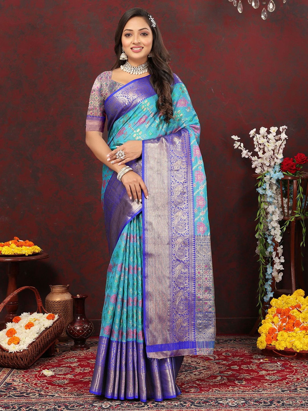 

KALINI Woven Design Zari Pure Cotton Patola Saree, Blue