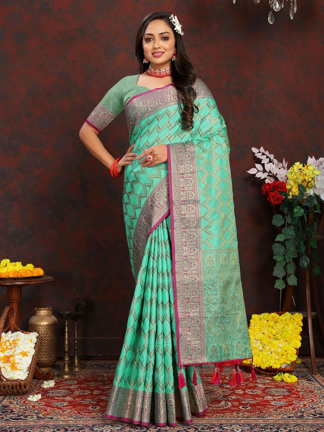 

KALINI Ethnic Motifs Zari Banarasi Saree, Blue