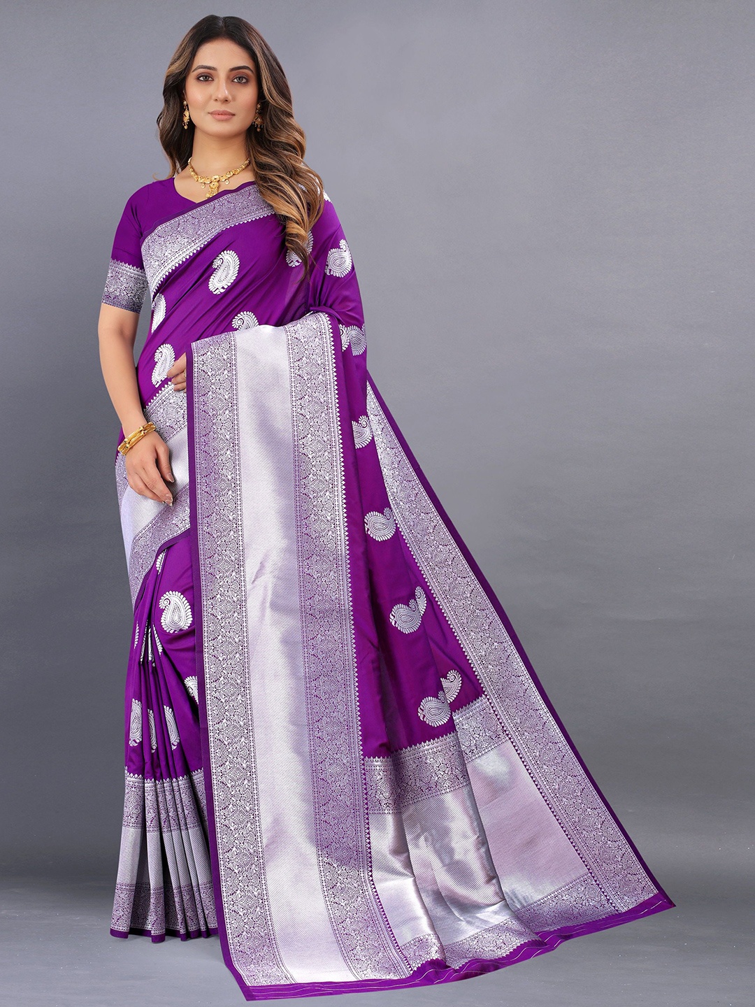 

KALINI Ethnic Motifs Zari Banarasi Saree, Purple