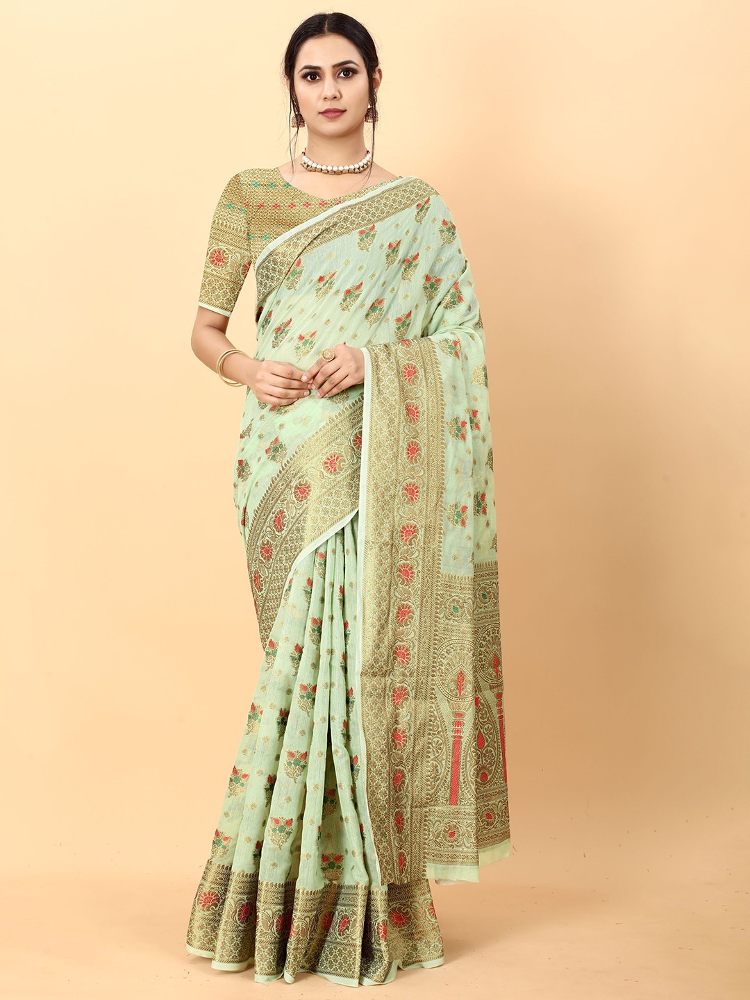 

KALINI Floral Zari Banarasi Saree, Green