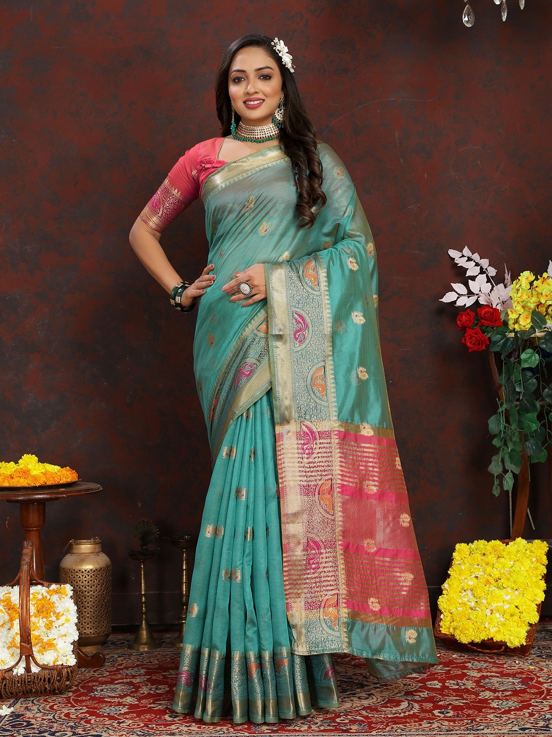 

KALINI Ethnic Motifs Zari Organza Banarasi Saree, Blue