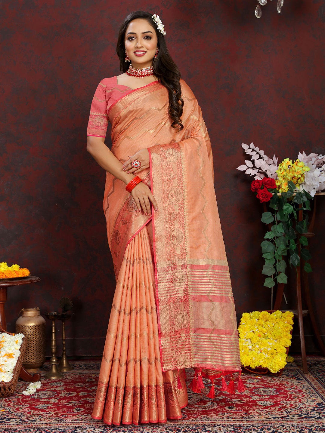 

KALINI Ethnic Motifs Zari Banarasi Saree, Orange