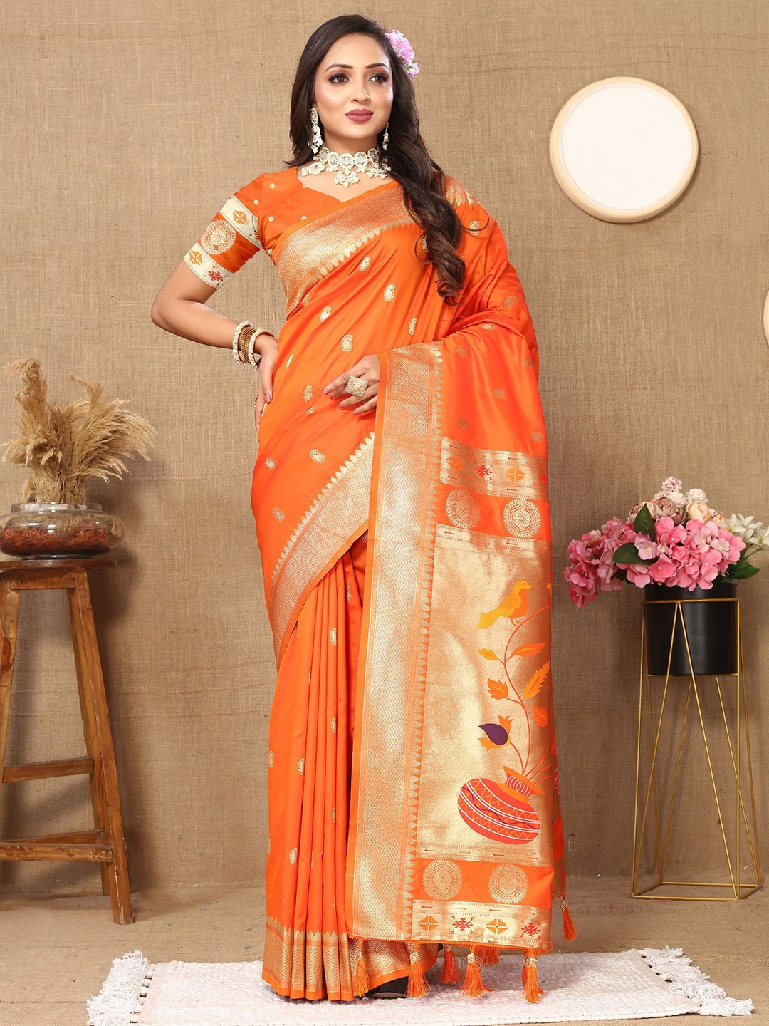 

KALINI Ethnic Motifs Zari Pure Silk Paithani Saree, Orange