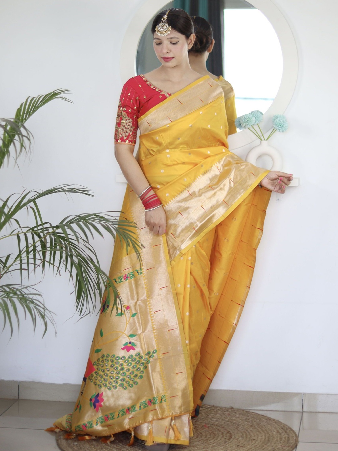 

KALINI Ethnic Motifs Zari Pure Silk Paithani Saree, Yellow