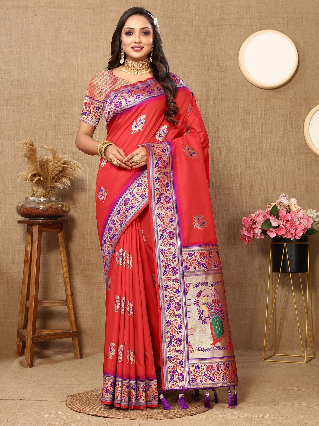 

KALINI Ethnic Motifs Zari Pure Silk Paithani Saree, Red