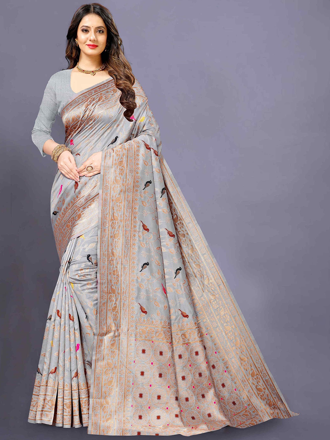 

KALINI Floral Zari Banarasi Saree, Grey