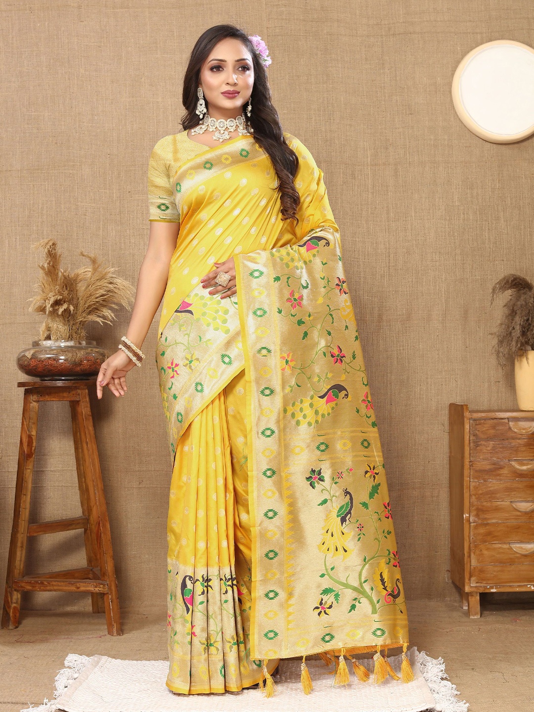 

KALINI Ethnic Motifs Zari Pure Silk Paithani Saree, Yellow