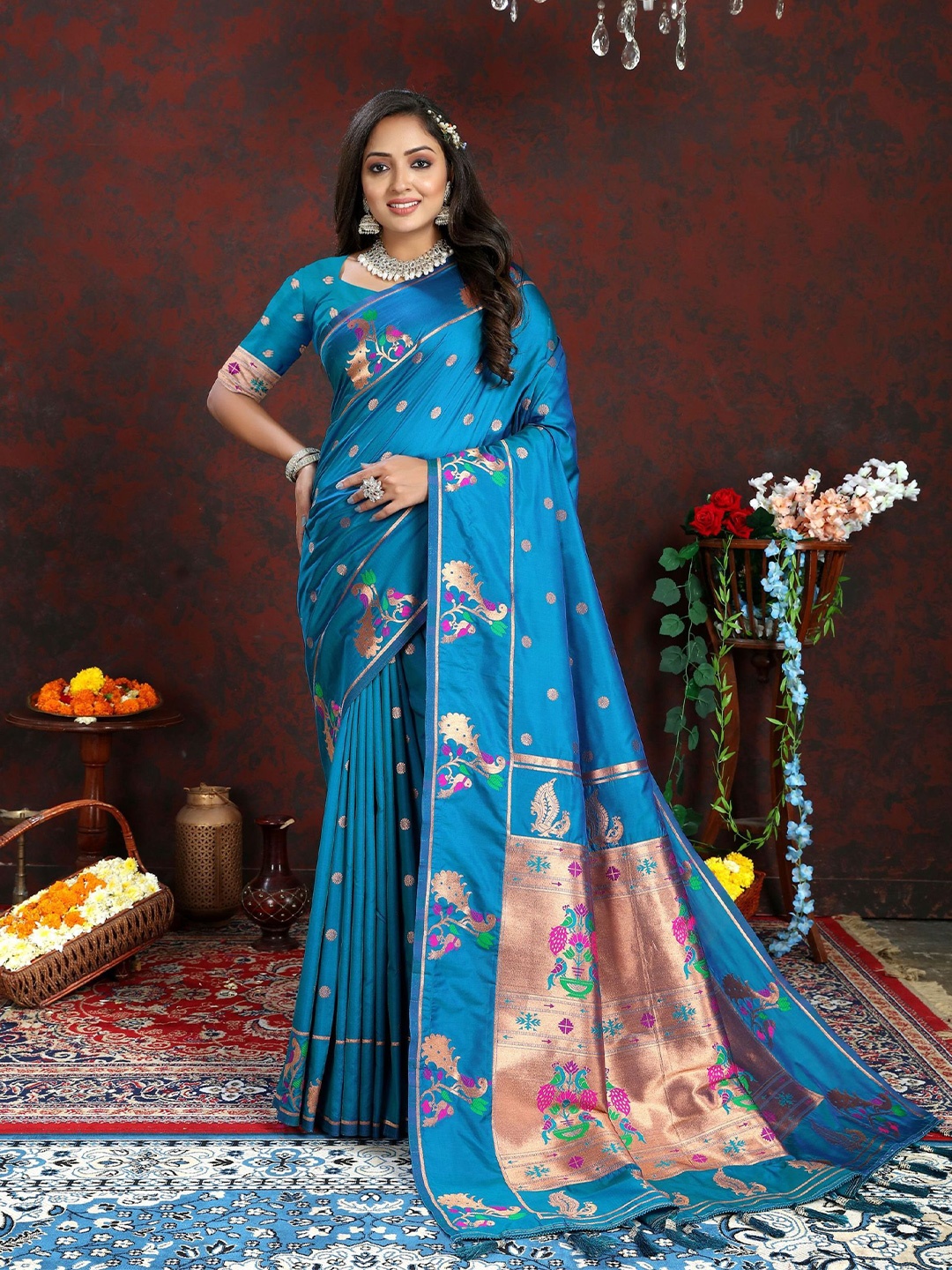 

KALINI Ethnic Motifs Zari Pure Silk Paithani Saree, Blue