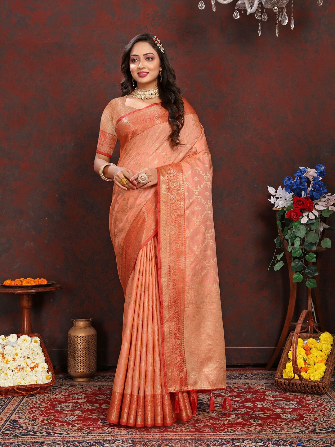 

KALINI Woven Design Zari Banarasi Saree, Peach