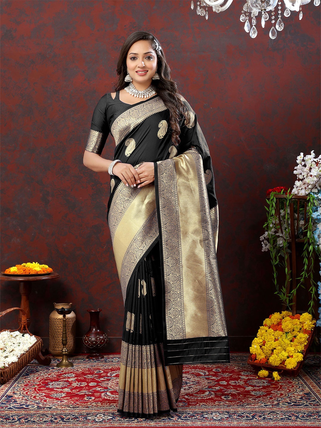 

KALINI Woven Design Zari Pure Silk Banarasi Saree, Black