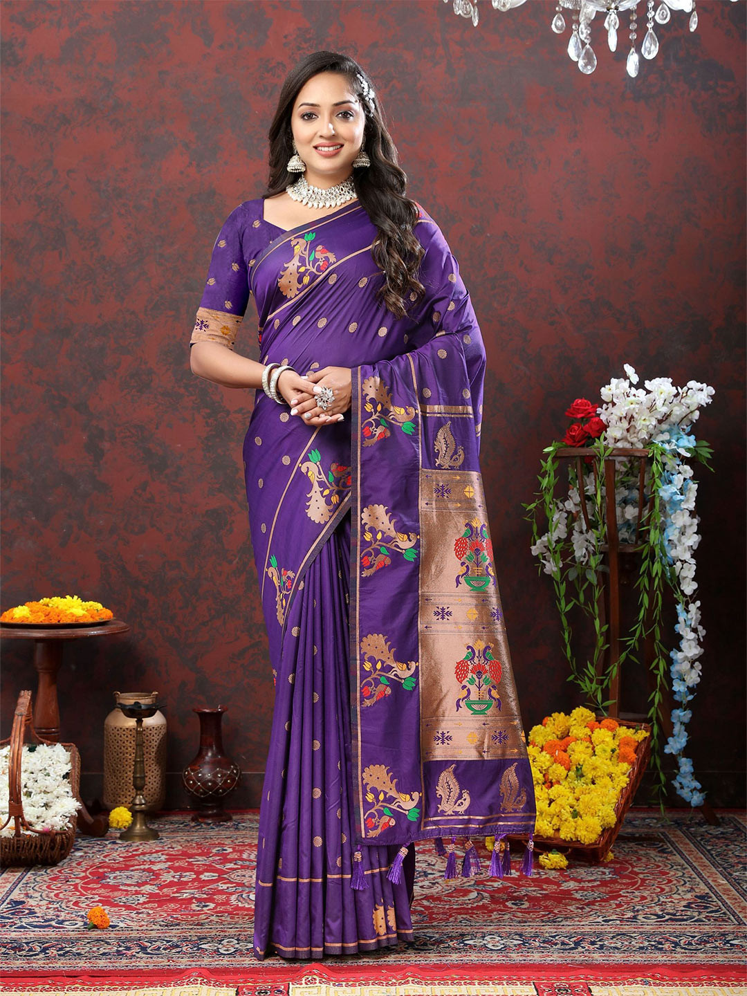 

KALINI Ethnic Motifs Zari Pure Silk Paithani Saree, Violet