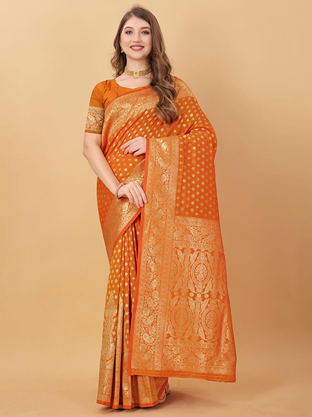 

KALINI Floral Zari Banarasi Saree, Orange