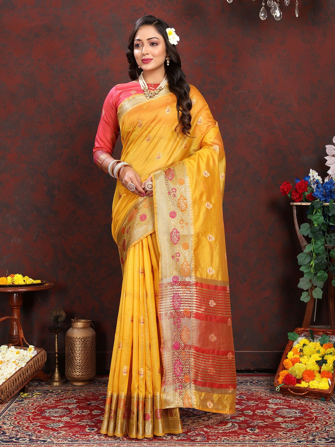 

KALINI Ethnic Motifs Zari Organza Banarasi Saree, Yellow