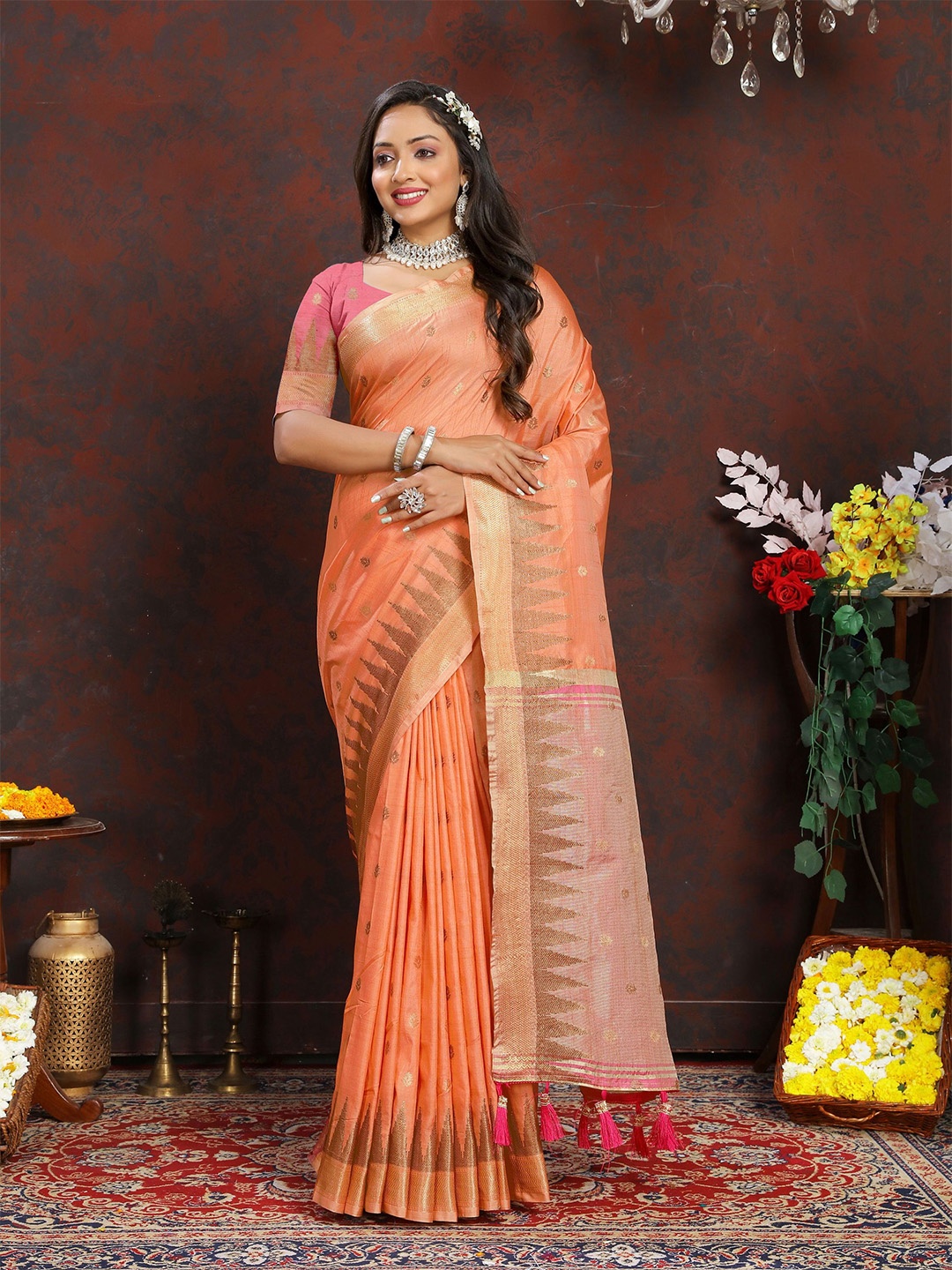 

KALINI Ethnic Motifs Zari Banarasi Saree, Orange