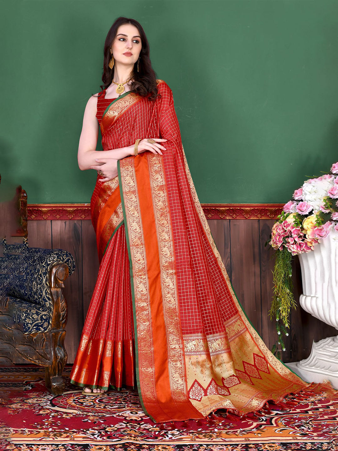 

KALINI Ethnic Motifs Zari Pure Silk Banarasi Saree, Red