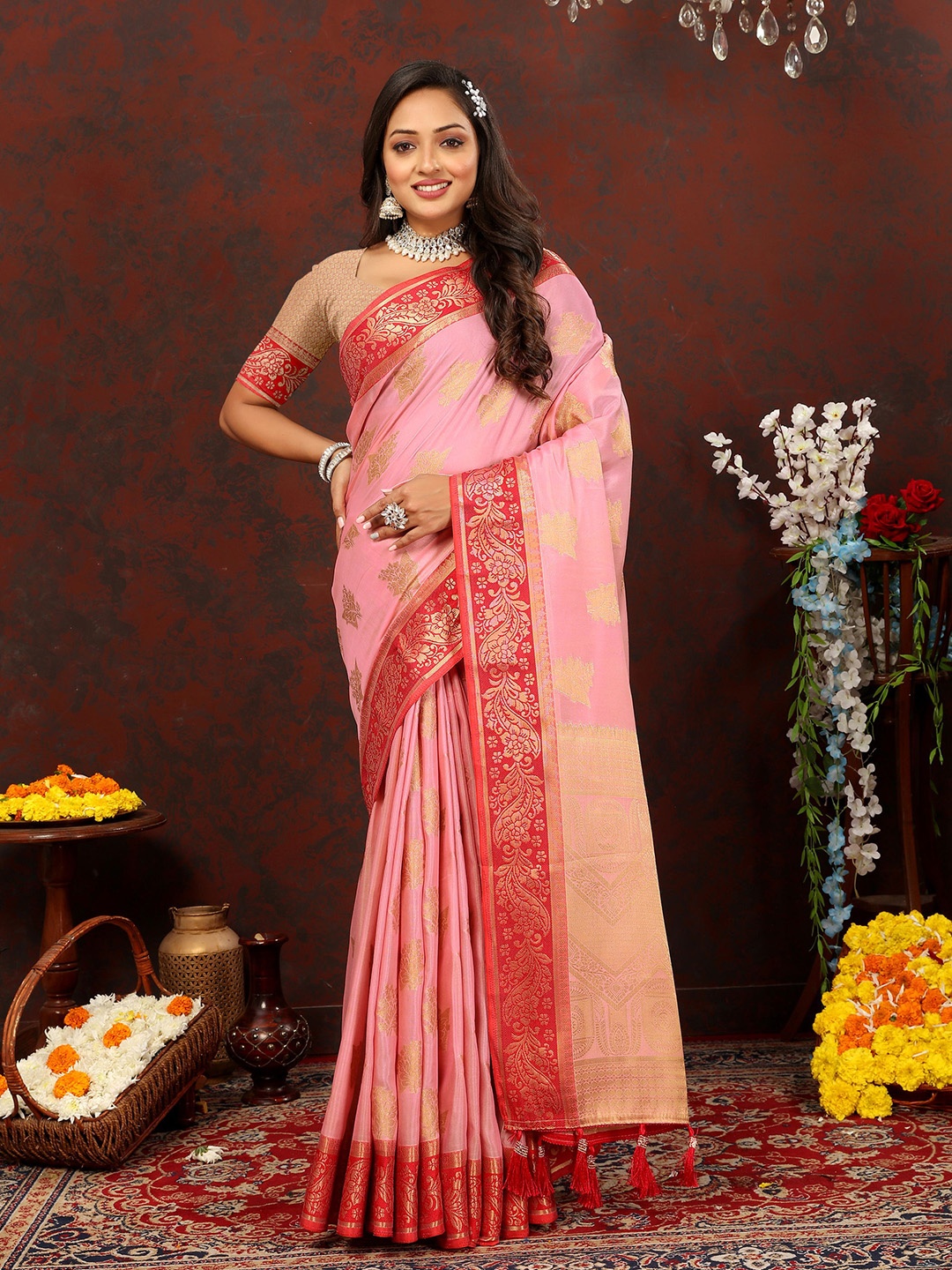 

KALINI Floral Zari Banarasi Saree, Pink