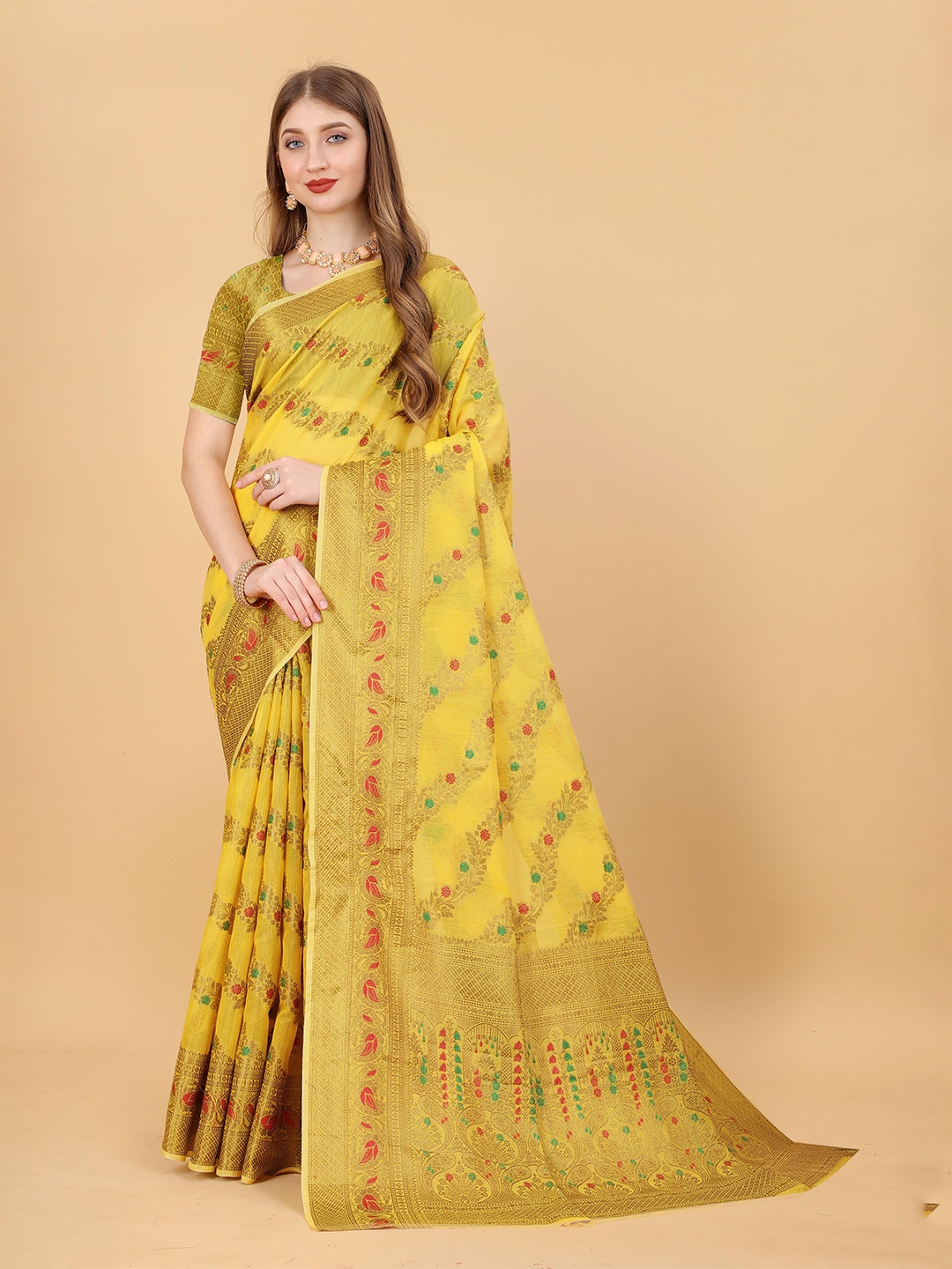 

KALINI Ethnic Motifs Zari Pure Linen Jamdani Saree, Yellow