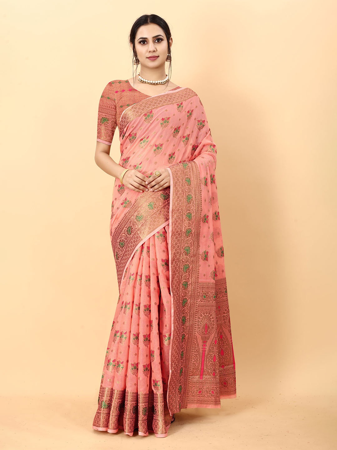 

KALINI Floral Zari Banarasi Saree, Peach