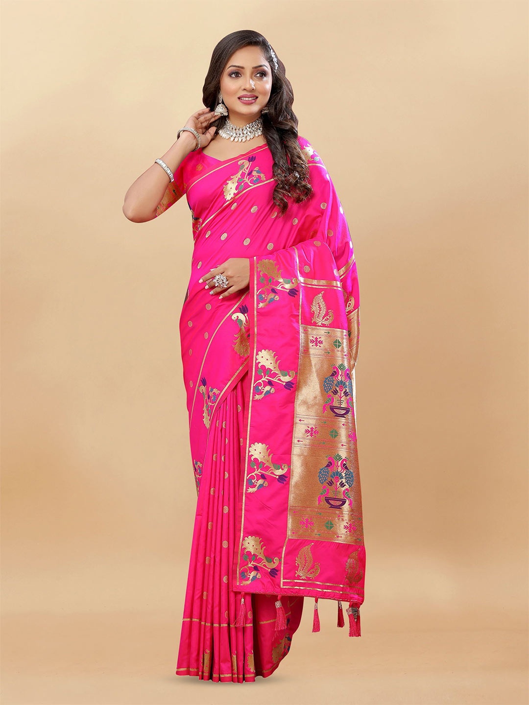 

KALINI Ethnic Motifs Zari Pure Silk Paithani Saree, Pink