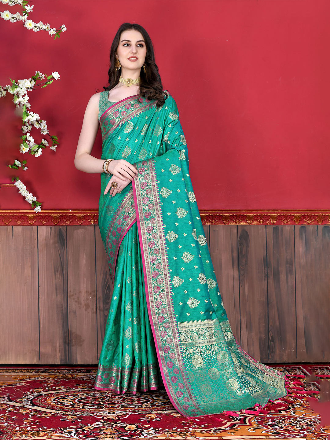 

KALINI Ethnic Motifs Zari Pure Silk Banarasi Saree, Turquoise blue