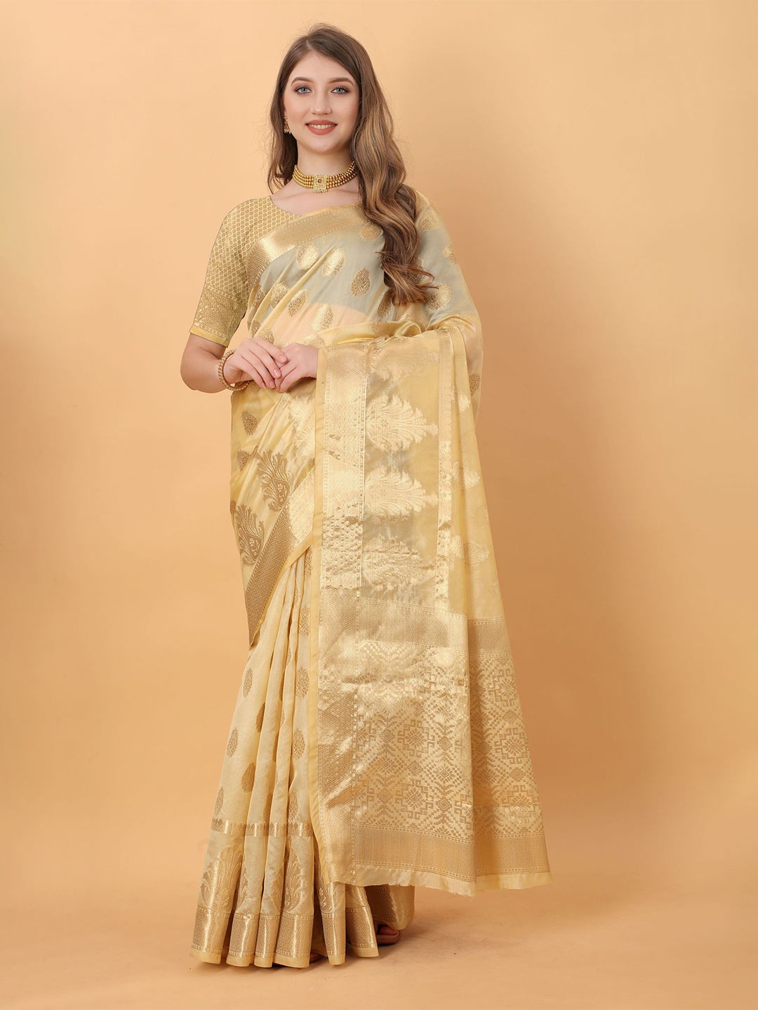 

KALINI Ethnic Motifs Zari Organza Jamdani Saree, Cream