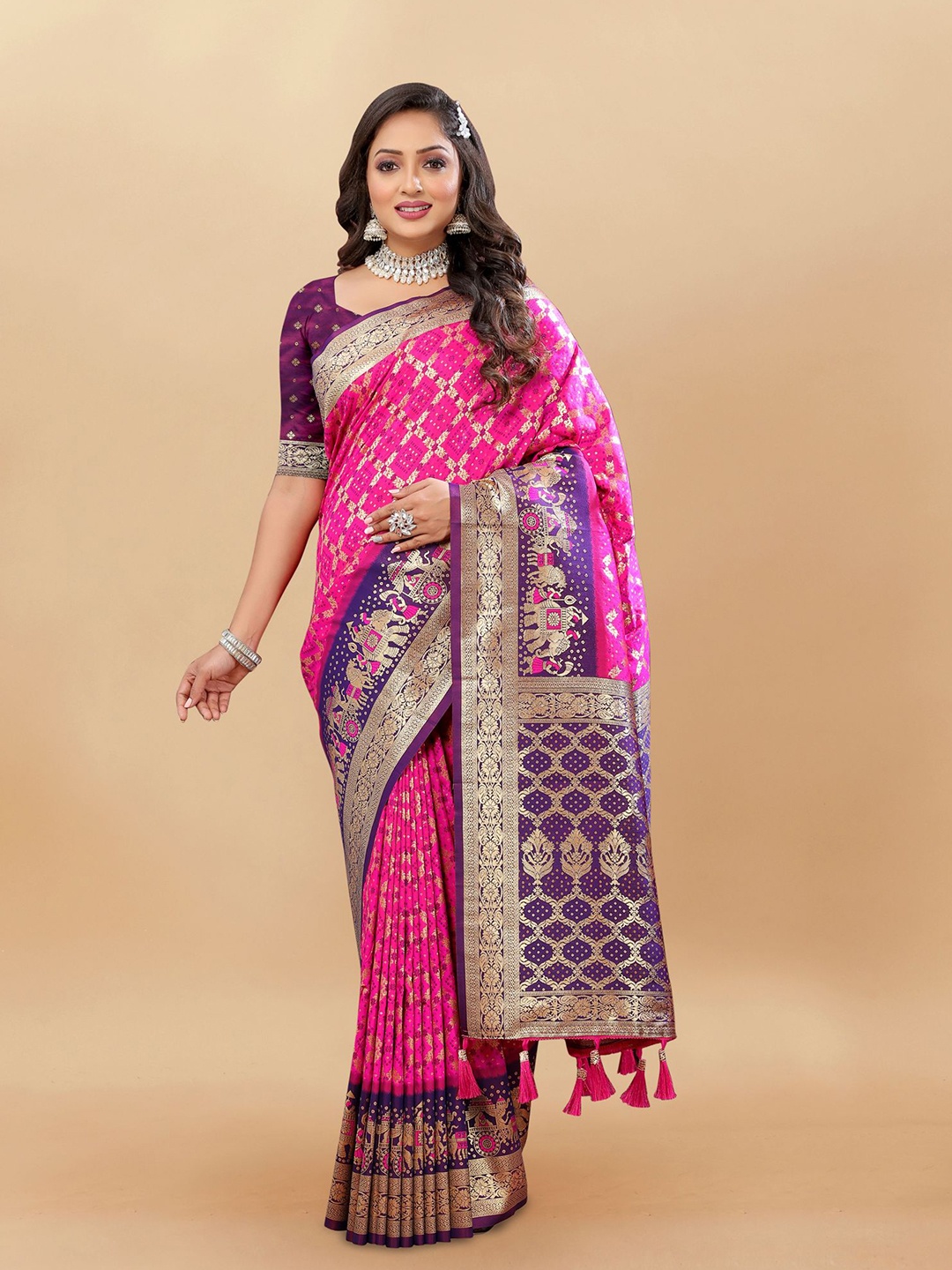 

KALINI Ethnic Motifs Zari Pure Silk Patola Saree, Pink