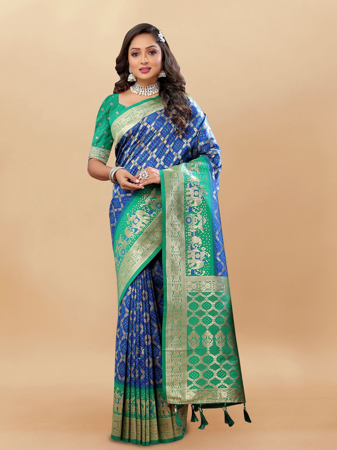 

KALINI Ethnic Motifs Zari Pure Silk Patola Saree, Blue