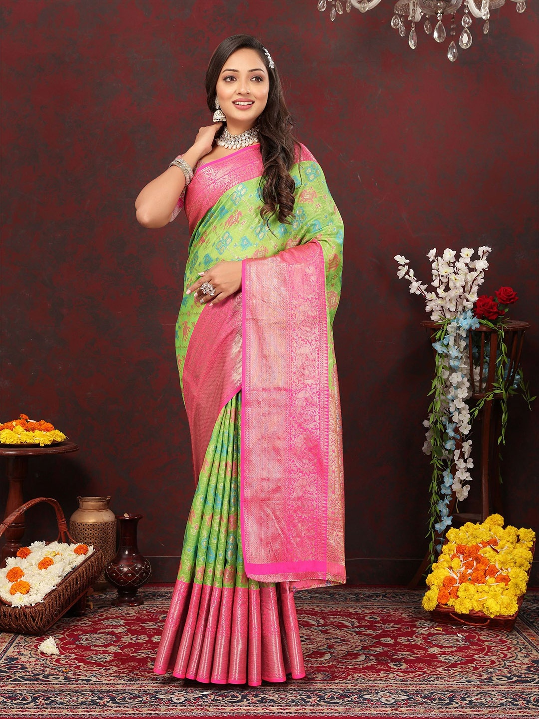 

KALINI Woven Design Zari Pure Cotton Patola Saree, Green