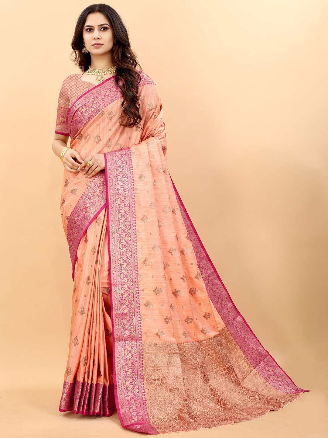 

KALINI Ethnic Motifs Zari Pure Silk Banarasi Saree, Peach