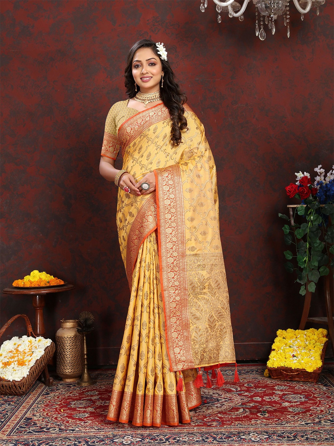 

KALINI Ethnic Motifs Zari Banarasi Saree, Orange