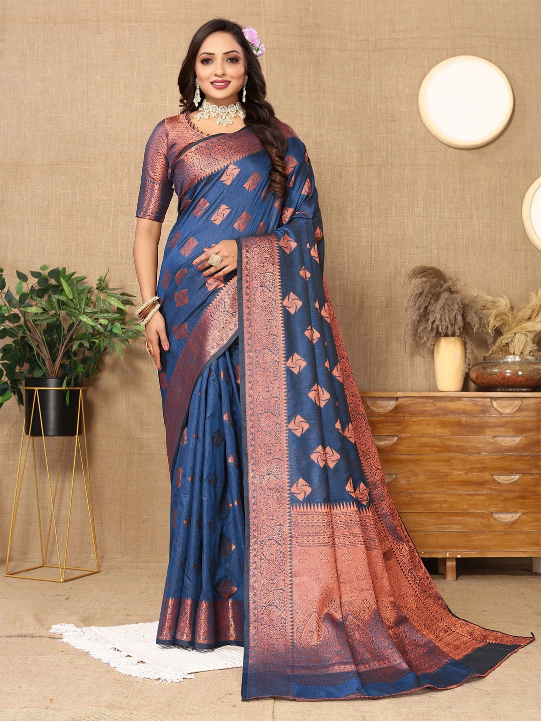 

KALINI Ethnic Motifs Zari Banarasi Saree, Blue