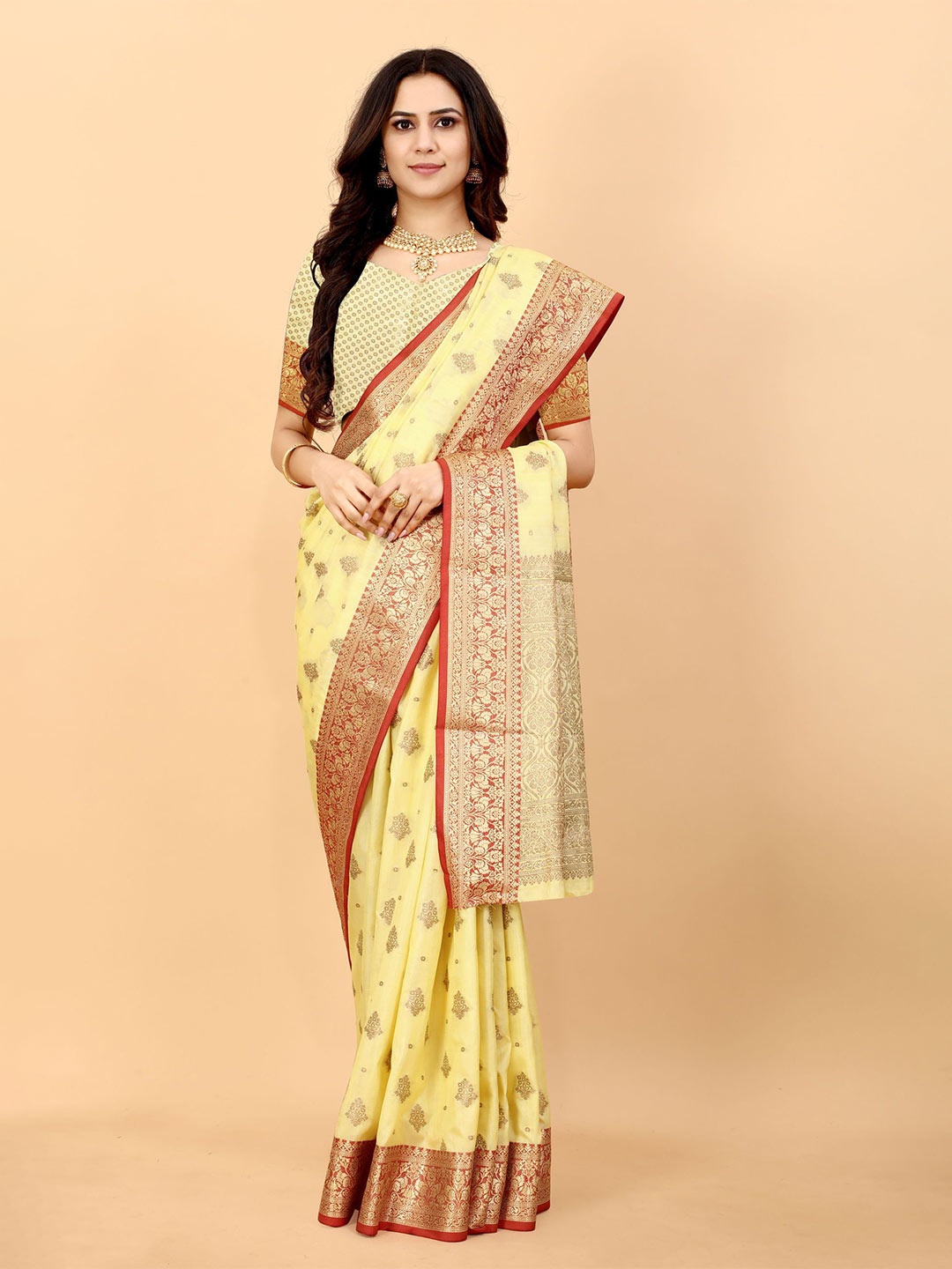 

KALINI Ethnic Motifs Zari Pure Silk Banarasi Saree, Yellow
