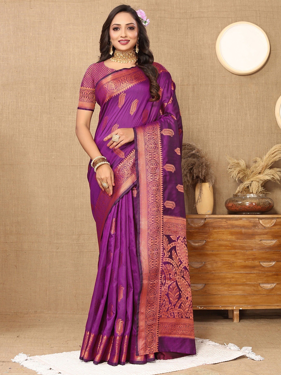 

KALINI Ethnic Motifs Zari Banarasi Saree, Purple