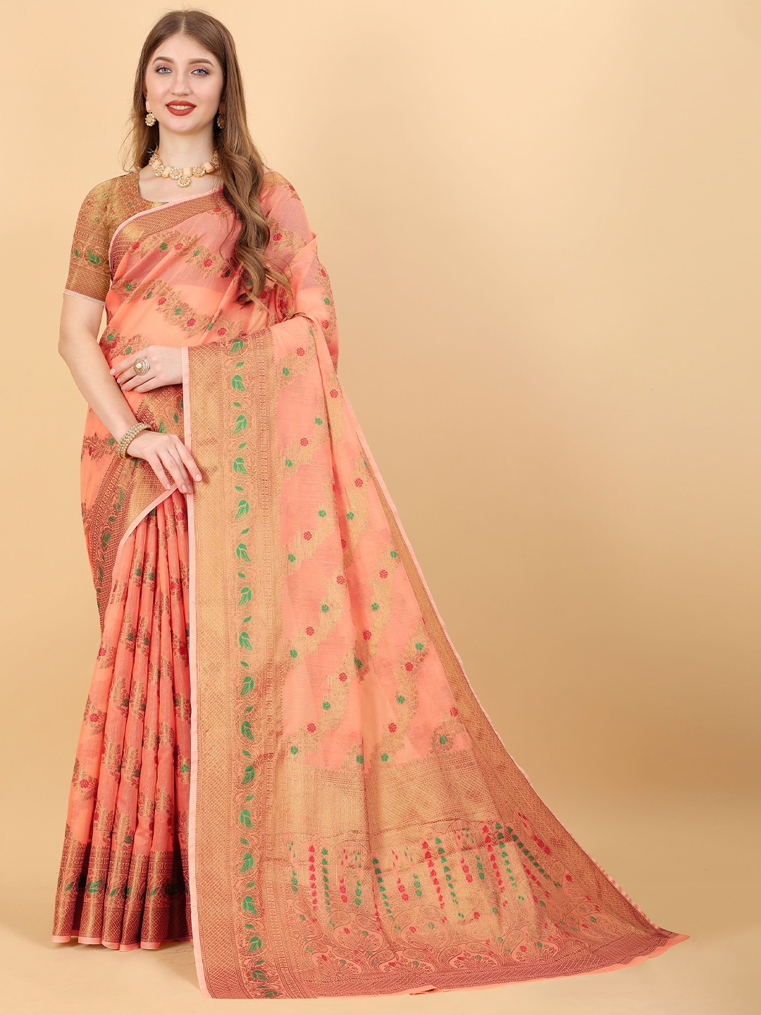 

KALINI Ethnic Motifs Zari Pure Linen Jamdani Saree, Peach