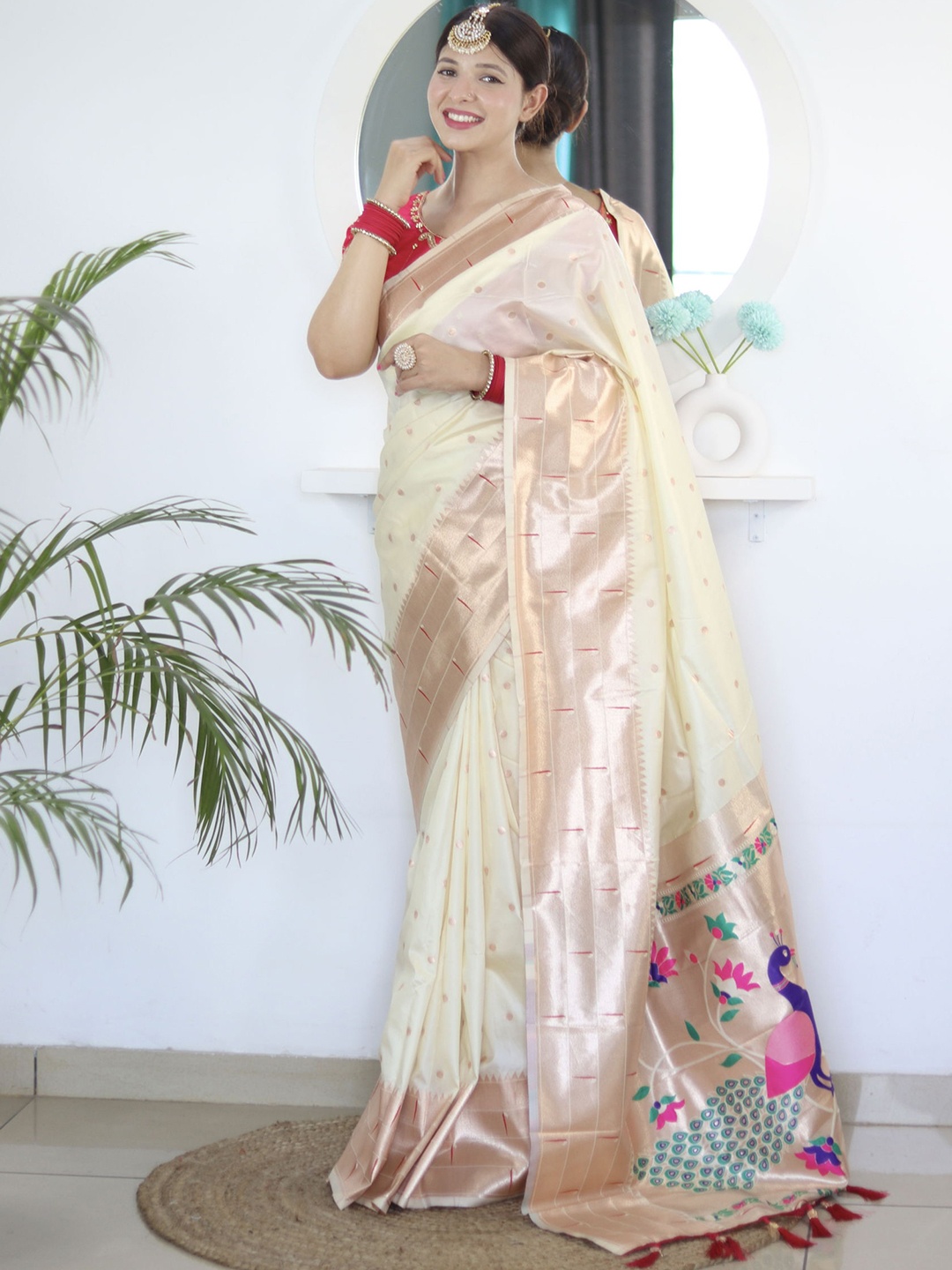 

KALINI Ethnic Motifs Zari Pure Silk Paithani Saree, Cream