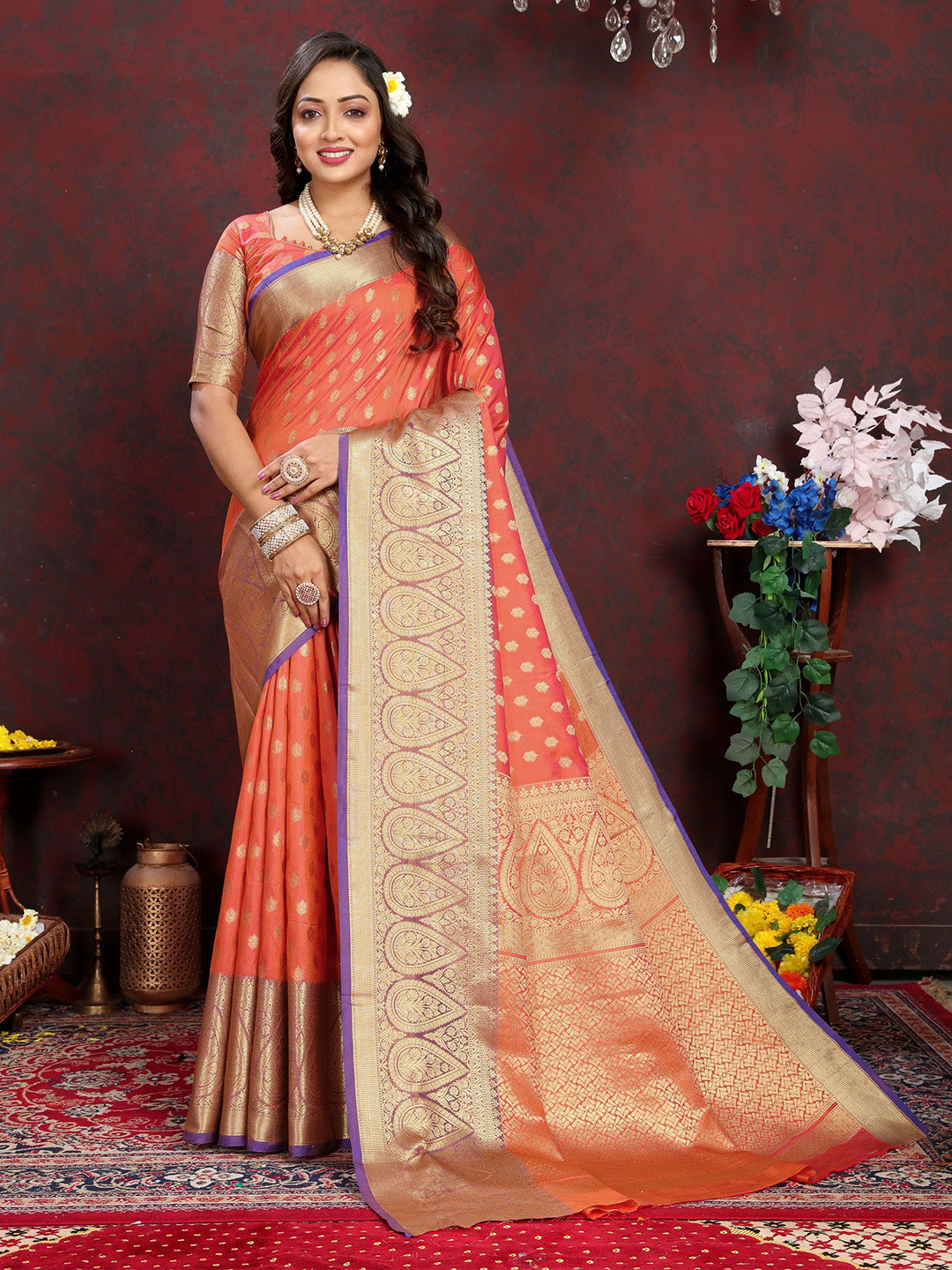 

KALINI Ethnic Motifs Zari Banarasi Saree, Orange