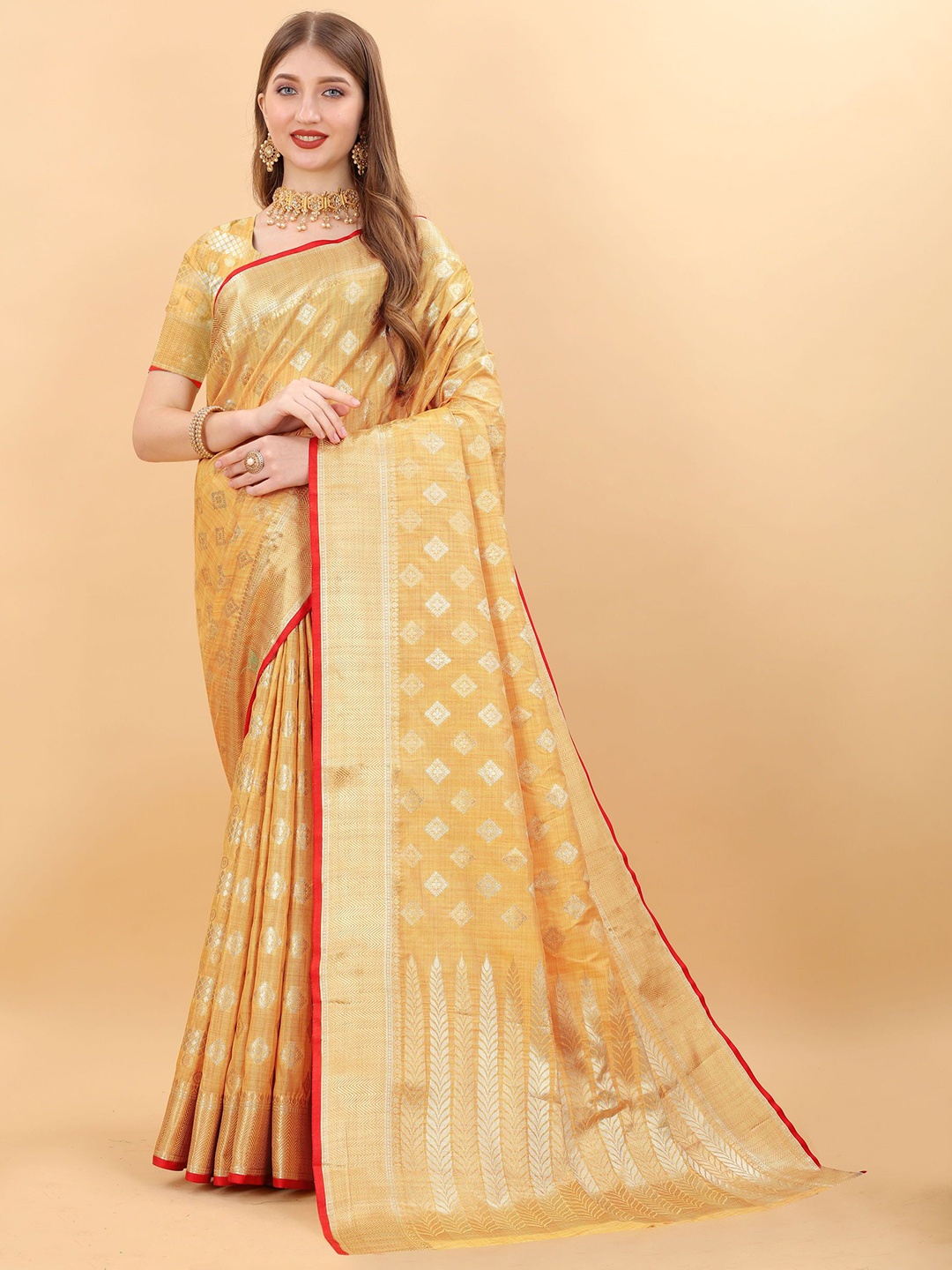 

KALINI Ethnic Motifs Zari Pure Silk Banarasi Saree, Orange