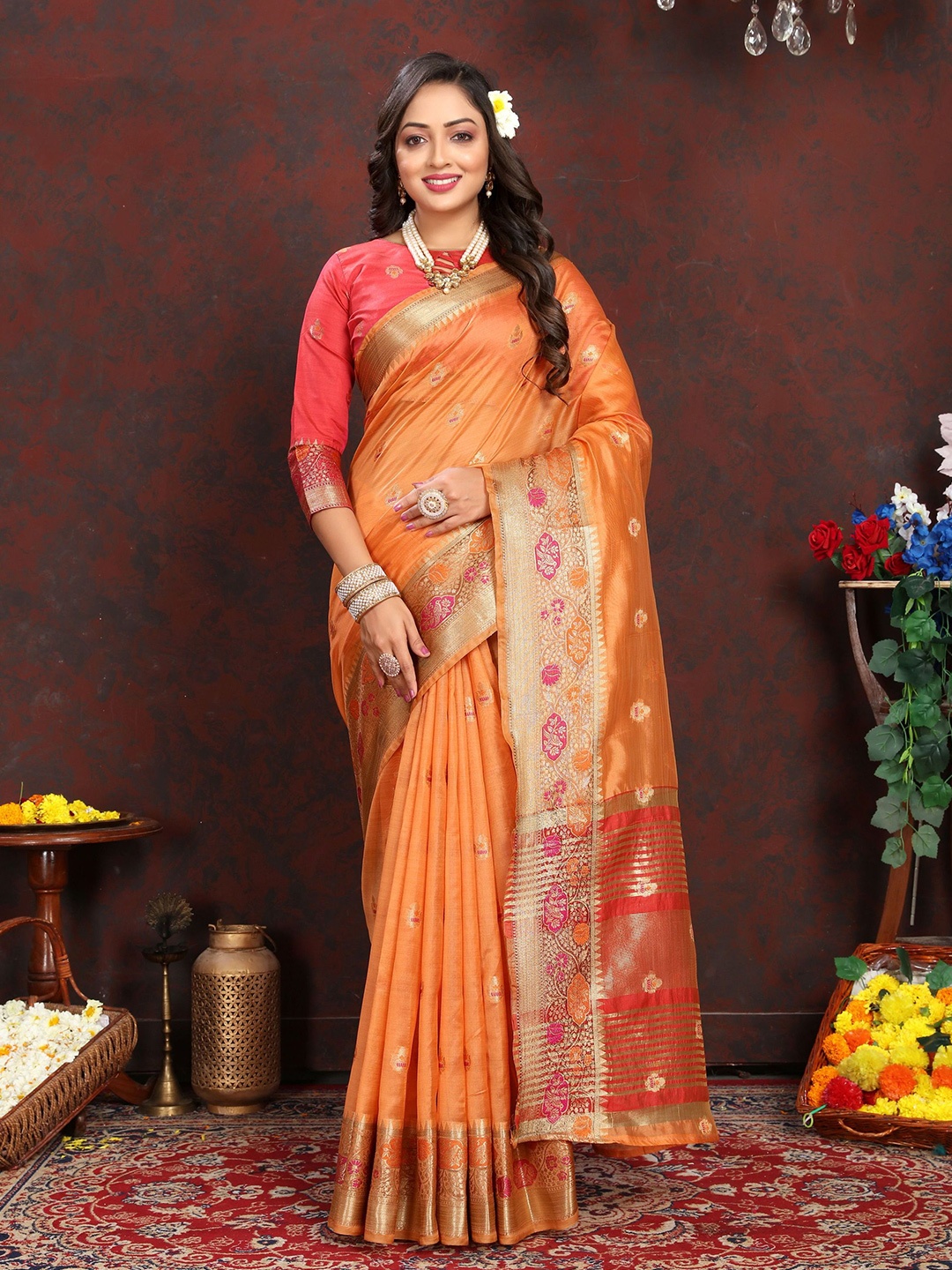 

KALINI Woven Design Zari Organza Banarasi Saree, Orange