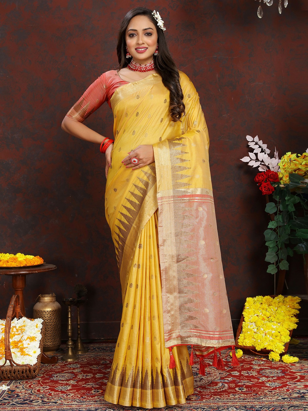 

KALINI Ethnic Motifs Zari Banarasi Saree, Yellow