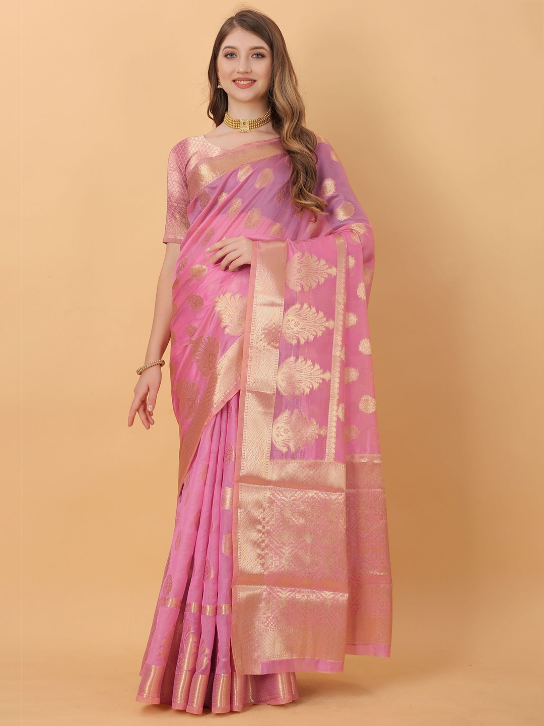 

KALINI Ethnic Motifs Zari Organza Jamdani Saree, Pink